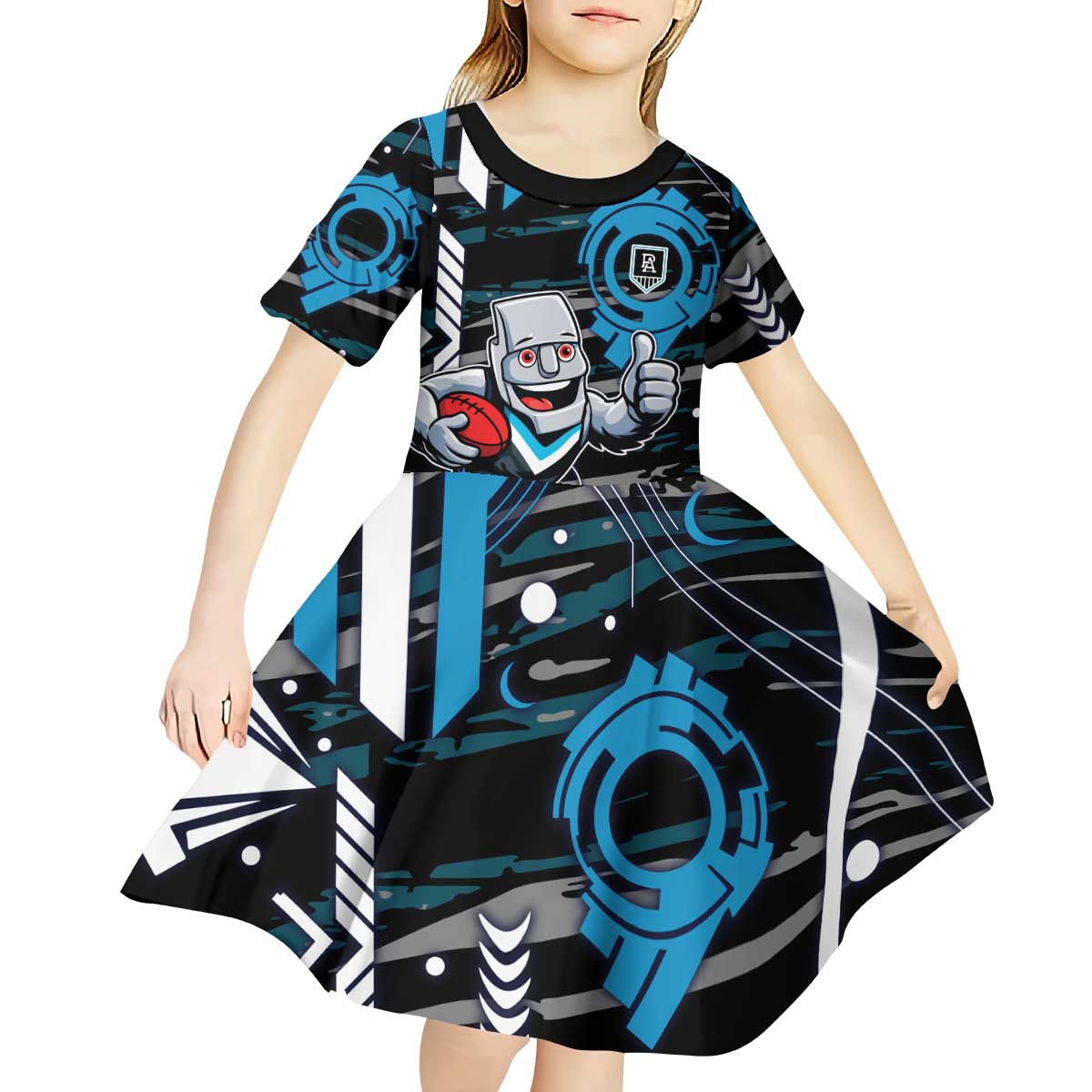Port Adelaide Power Kid Short Sleeve Dress Mascot Cartoon Football Illustration Style
