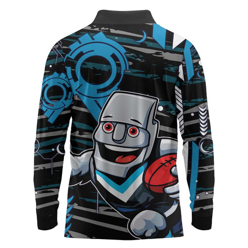 Port Adelaide Power Long Sleeve Polo Shirt Mascot Cartoon Football Illustration Style