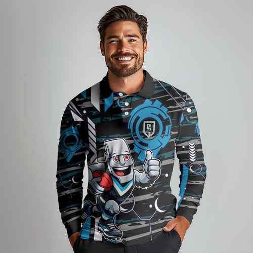 Port Adelaide Power Long Sleeve Polo Shirt Mascot Cartoon Football Illustration Style