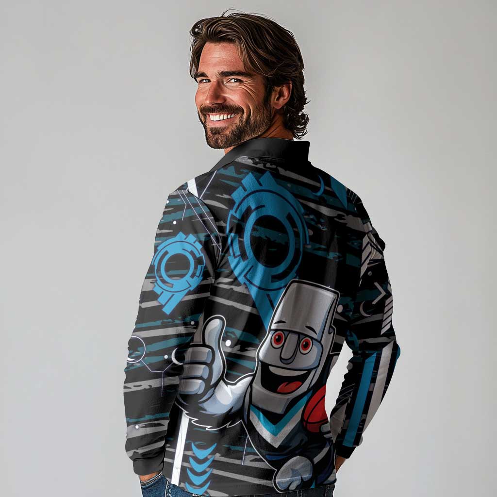 Port Adelaide Power Long Sleeve Polo Shirt Mascot Cartoon Football Illustration Style