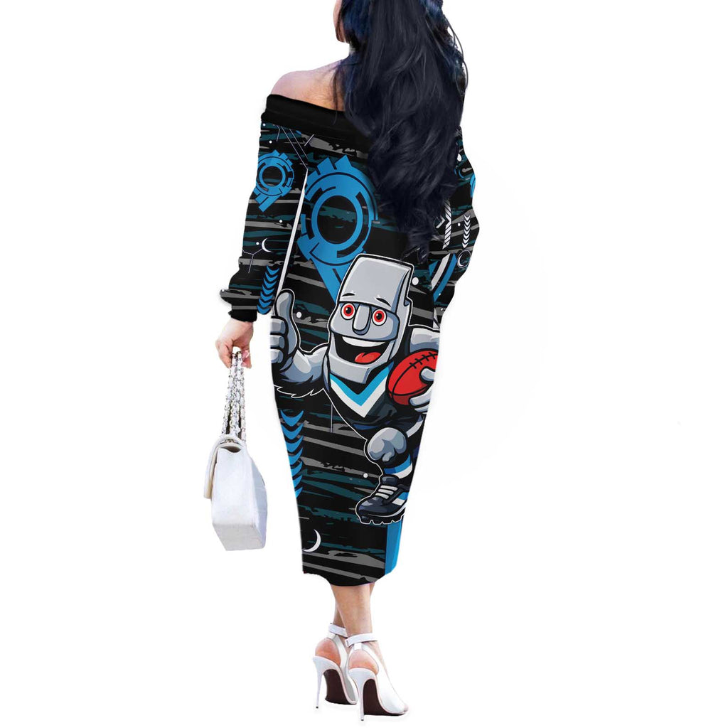 Port Adelaide Power Off The Shoulder Long Sleeve Dress Mascot Cartoon Football Illustration Style