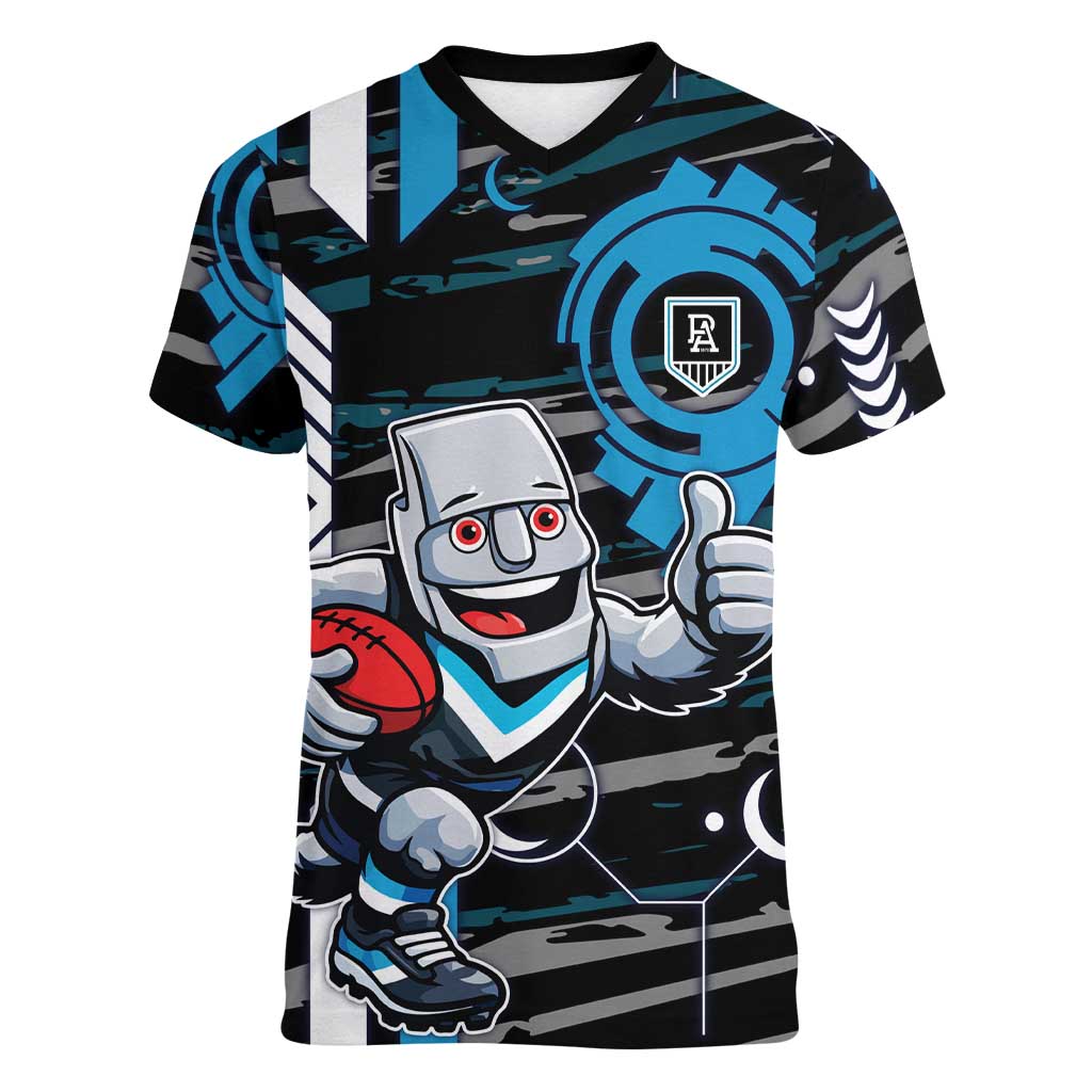 Port Adelaide Power Women V-Neck T-Shirt Mascot Cartoon Football Illustration Style