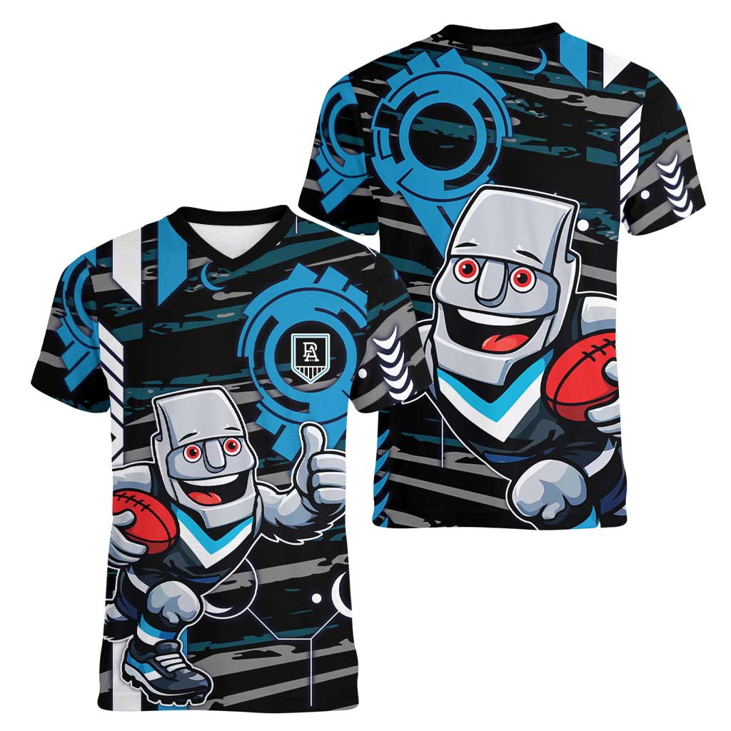 Port Adelaide Power Women V-Neck T-Shirt Mascot Cartoon Football Illustration Style