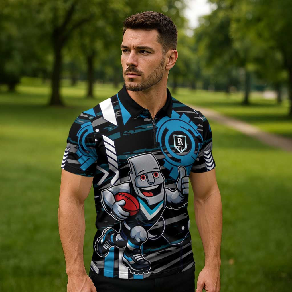 Port Adelaide Power Zipper Polo Shirt Mascot Cartoon Football Illustration Style