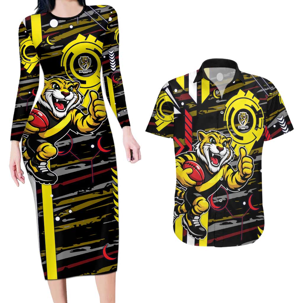Richmond Tigers Couples Matching Long Sleeve Bodycon Dress and Hawaiian Shirt Mascot Cartoon Football Illustration Style