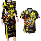 Richmond Tigers Couples Matching Long Sleeve Bodycon Dress and Hawaiian Shirt Mascot Cartoon Football Illustration Style