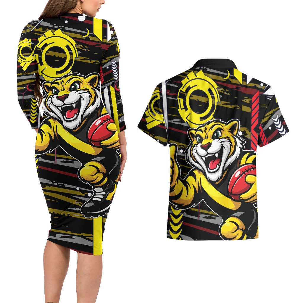 Richmond Tigers Couples Matching Long Sleeve Bodycon Dress and Hawaiian Shirt Mascot Cartoon Football Illustration Style