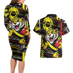 Richmond Tigers Couples Matching Long Sleeve Bodycon Dress and Hawaiian Shirt Mascot Cartoon Football Illustration Style