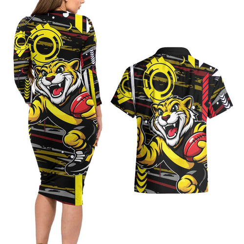Richmond Tigers Couples Matching Long Sleeve Bodycon Dress and Hawaiian Shirt Mascot Cartoon Football Illustration Style
