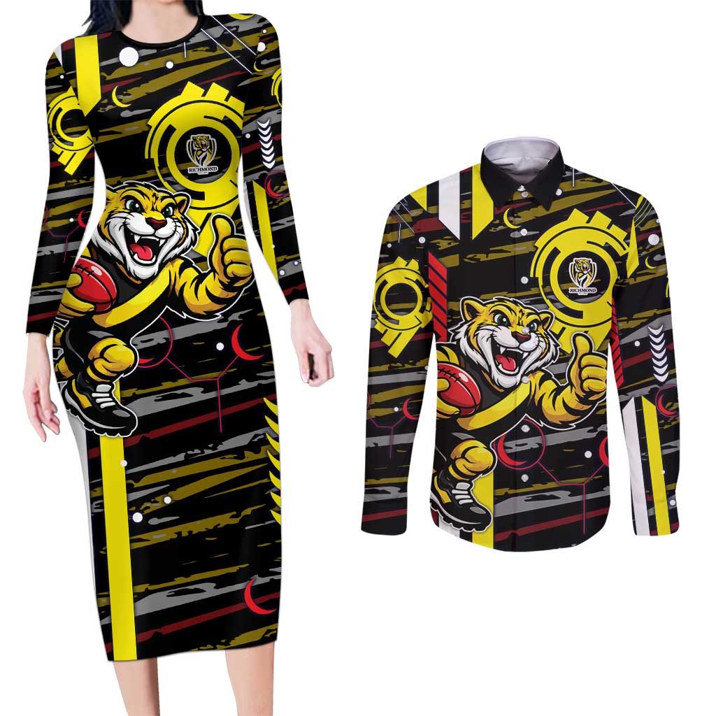 Richmond Tigers Couples Matching Long Sleeve Bodycon Dress and Long Sleeve Button Shirt Mascot Cartoon Football Illustration Style