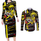 Richmond Tigers Couples Matching Long Sleeve Bodycon Dress and Long Sleeve Button Shirt Mascot Cartoon Football Illustration Style