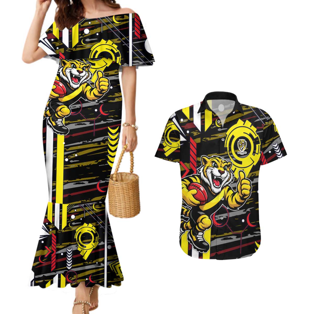 Richmond Tigers Couples Matching Mermaid Dress and Hawaiian Shirt Mascot Cartoon Football Illustration Style