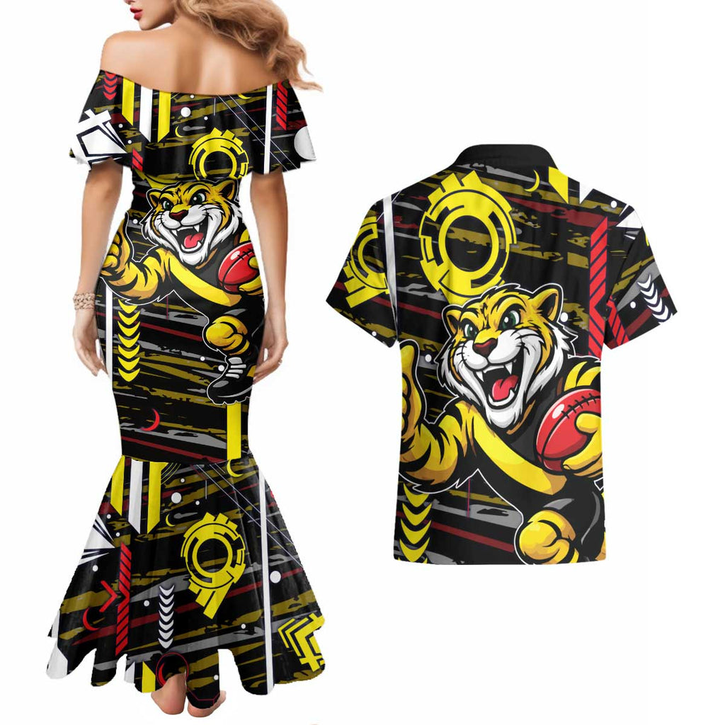 Richmond Tigers Couples Matching Mermaid Dress and Hawaiian Shirt Mascot Cartoon Football Illustration Style