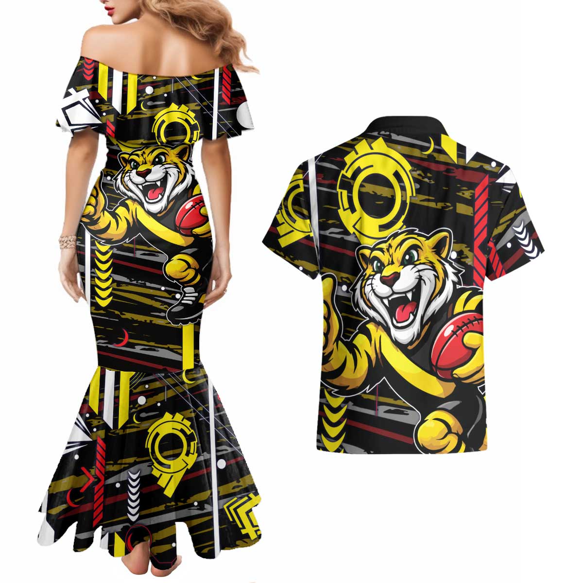 Richmond Tigers Couples Matching Mermaid Dress and Hawaiian Shirt Mascot Cartoon Football Illustration Style