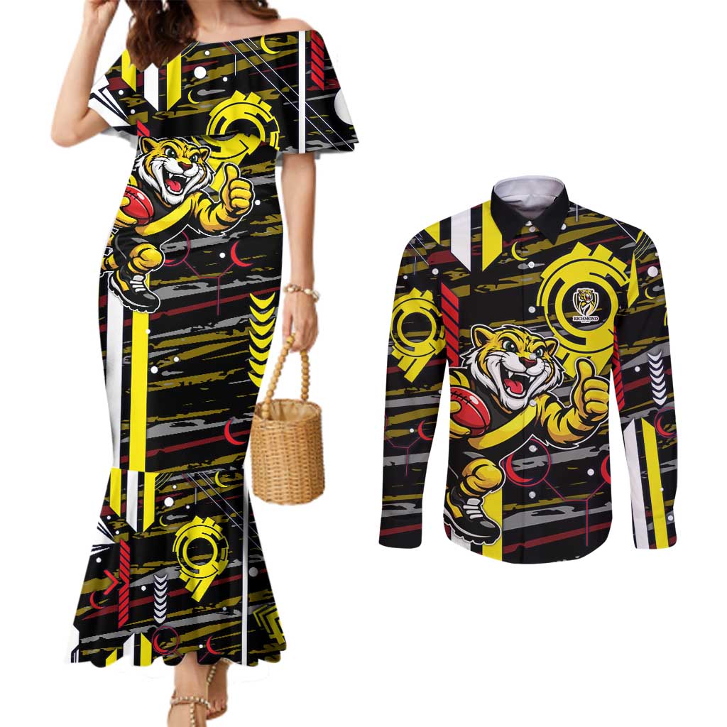 Richmond Tigers Couples Matching Mermaid Dress and Long Sleeve Button Shirt Mascot Cartoon Football Illustration Style