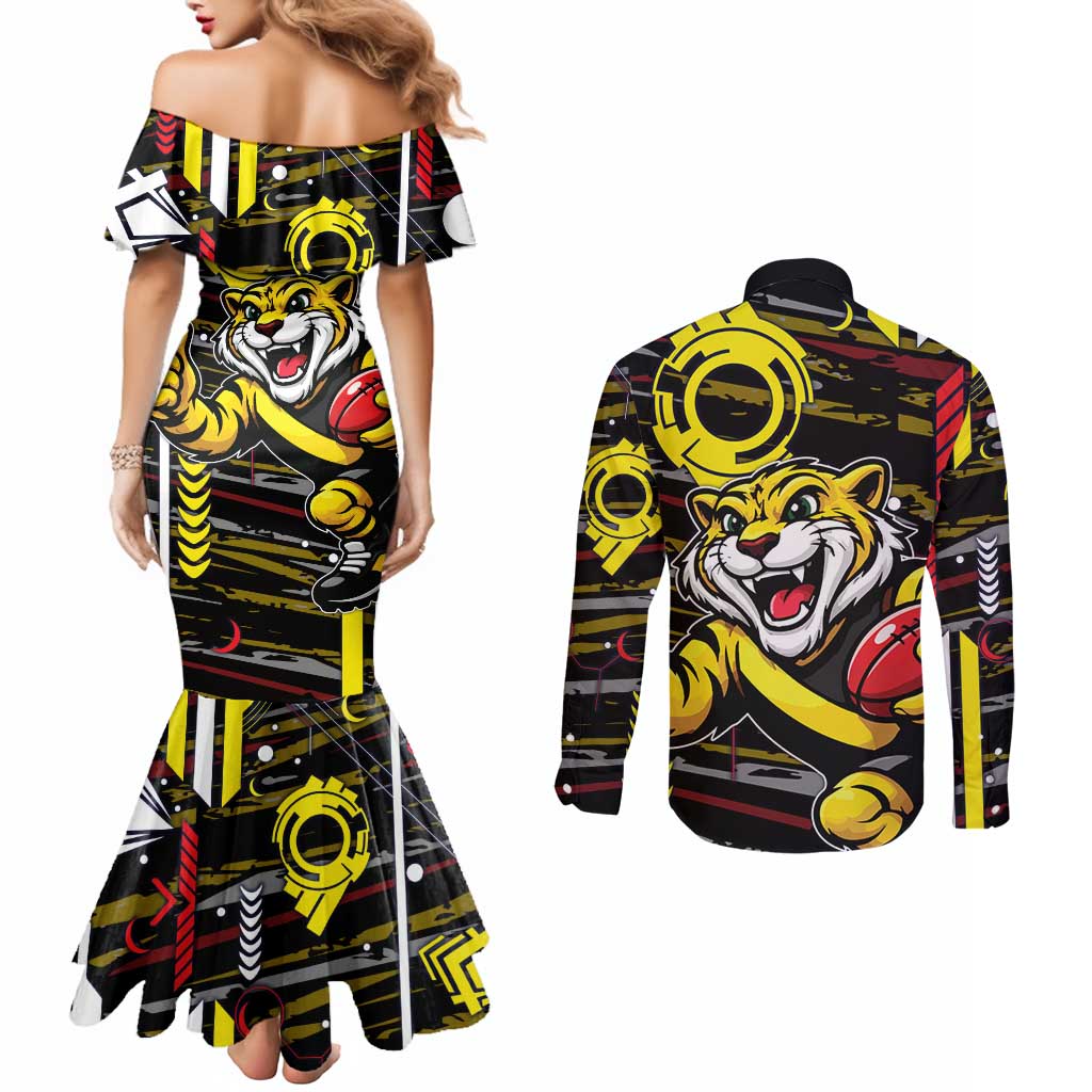 Richmond Tigers Couples Matching Mermaid Dress and Long Sleeve Button Shirt Mascot Cartoon Football Illustration Style