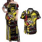 Richmond Tigers Couples Matching Off Shoulder Maxi Dress and Hawaiian Shirt Mascot Cartoon Football Illustration Style