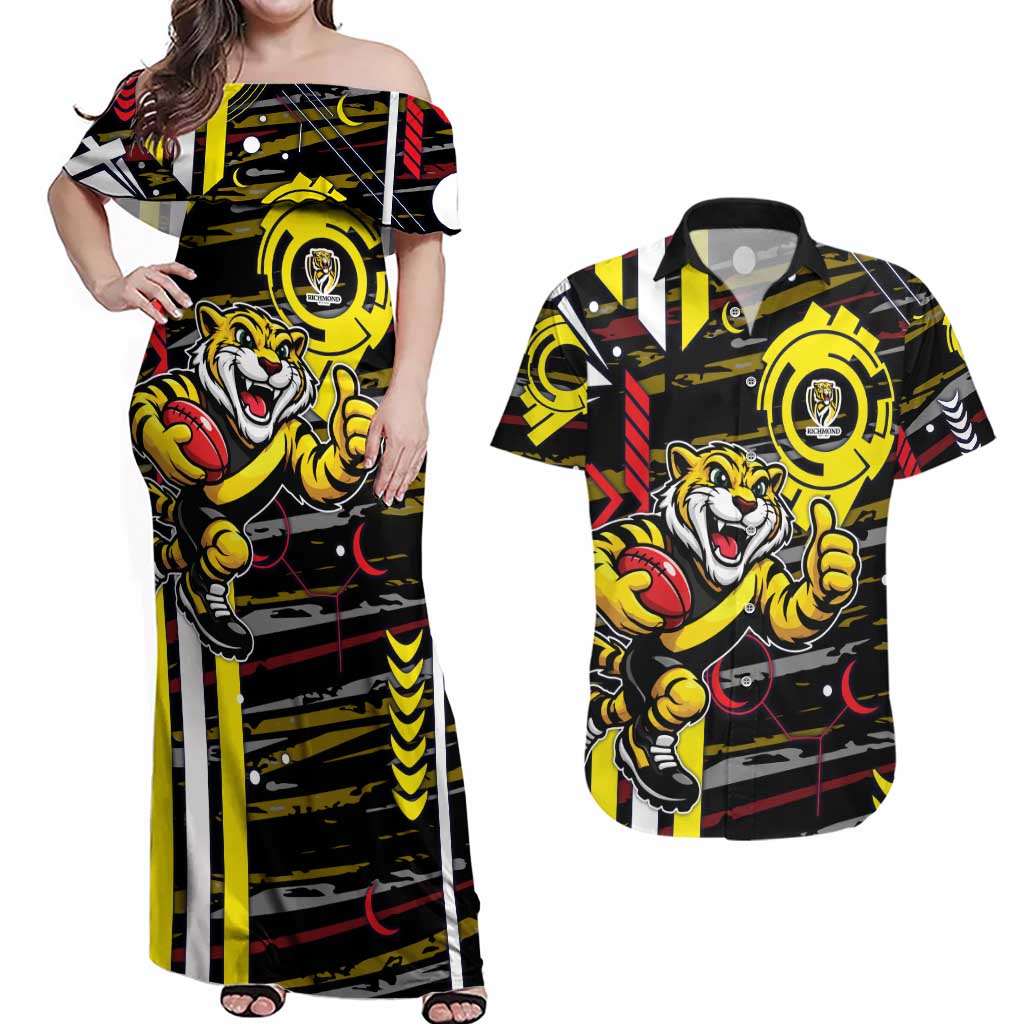 Richmond Tigers Couples Matching Off Shoulder Maxi Dress and Hawaiian Shirt Mascot Cartoon Football Illustration Style