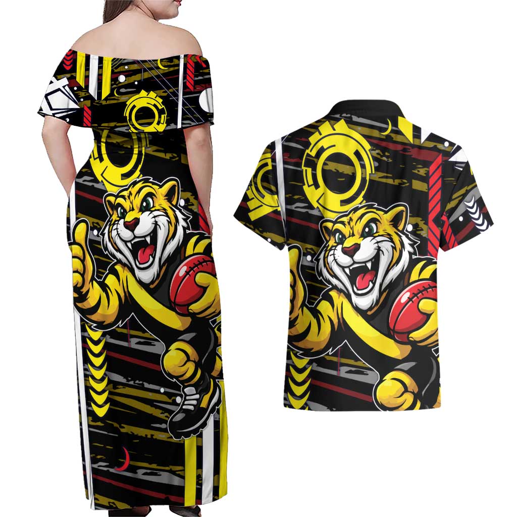 Richmond Tigers Couples Matching Off Shoulder Maxi Dress and Hawaiian Shirt Mascot Cartoon Football Illustration Style