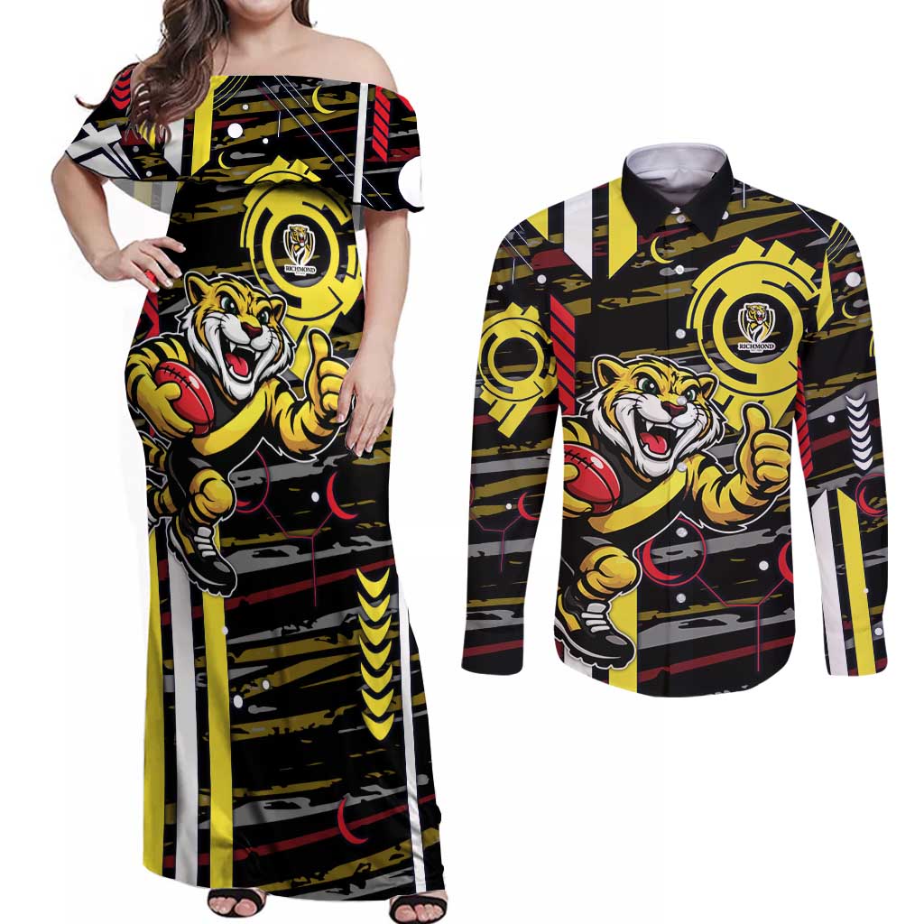 Richmond Tigers Couples Matching Off Shoulder Maxi Dress and Long Sleeve Button Shirt Mascot Cartoon Football Illustration Style