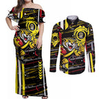 Richmond Tigers Couples Matching Off Shoulder Maxi Dress and Long Sleeve Button Shirt Mascot Cartoon Football Illustration Style