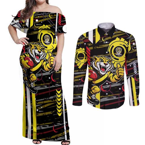 Richmond Tigers Couples Matching Off Shoulder Maxi Dress and Long Sleeve Button Shirt Mascot Cartoon Football Illustration Style