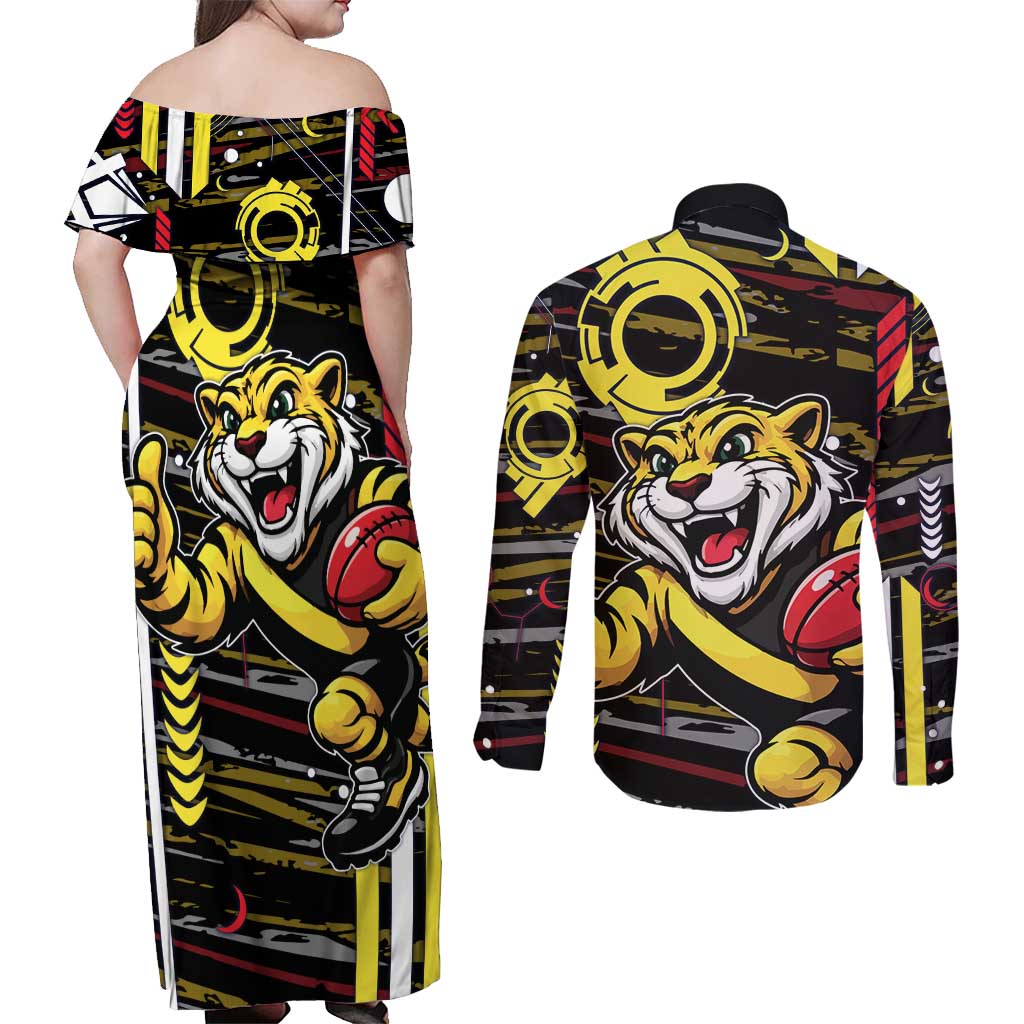 Richmond Tigers Couples Matching Off Shoulder Maxi Dress and Long Sleeve Button Shirt Mascot Cartoon Football Illustration Style