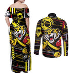 Richmond Tigers Couples Matching Off Shoulder Maxi Dress and Long Sleeve Button Shirt Mascot Cartoon Football Illustration Style