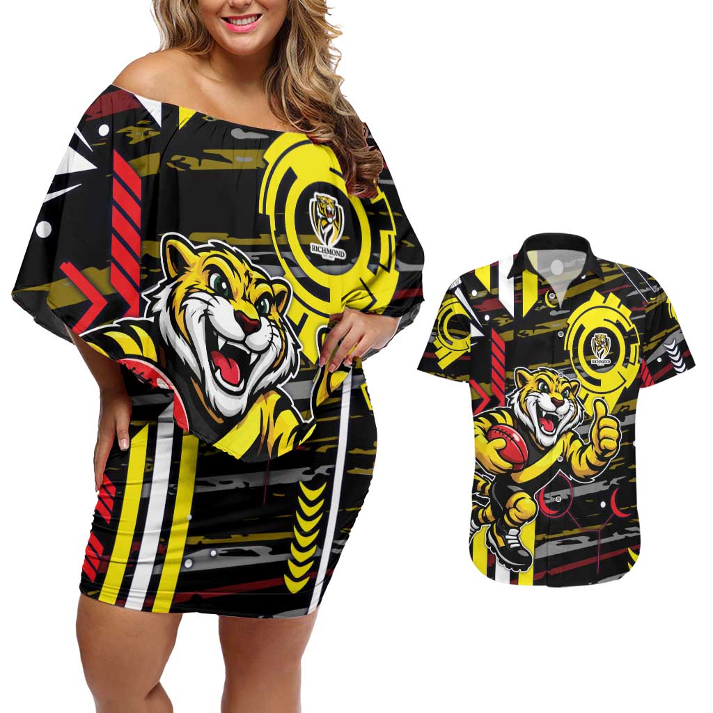 Richmond Tigers Couples Matching Off Shoulder Short Dress and Hawaiian Shirt Mascot Cartoon Football Illustration Style