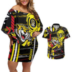 Richmond Tigers Couples Matching Off Shoulder Short Dress and Hawaiian Shirt Mascot Cartoon Football Illustration Style