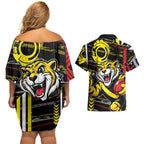 Richmond Tigers Couples Matching Off Shoulder Short Dress and Hawaiian Shirt Mascot Cartoon Football Illustration Style