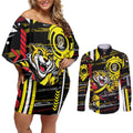 Richmond Tigers Couples Matching Off Shoulder Short Dress and Long Sleeve Button Shirt Mascot Cartoon Football Illustration Style