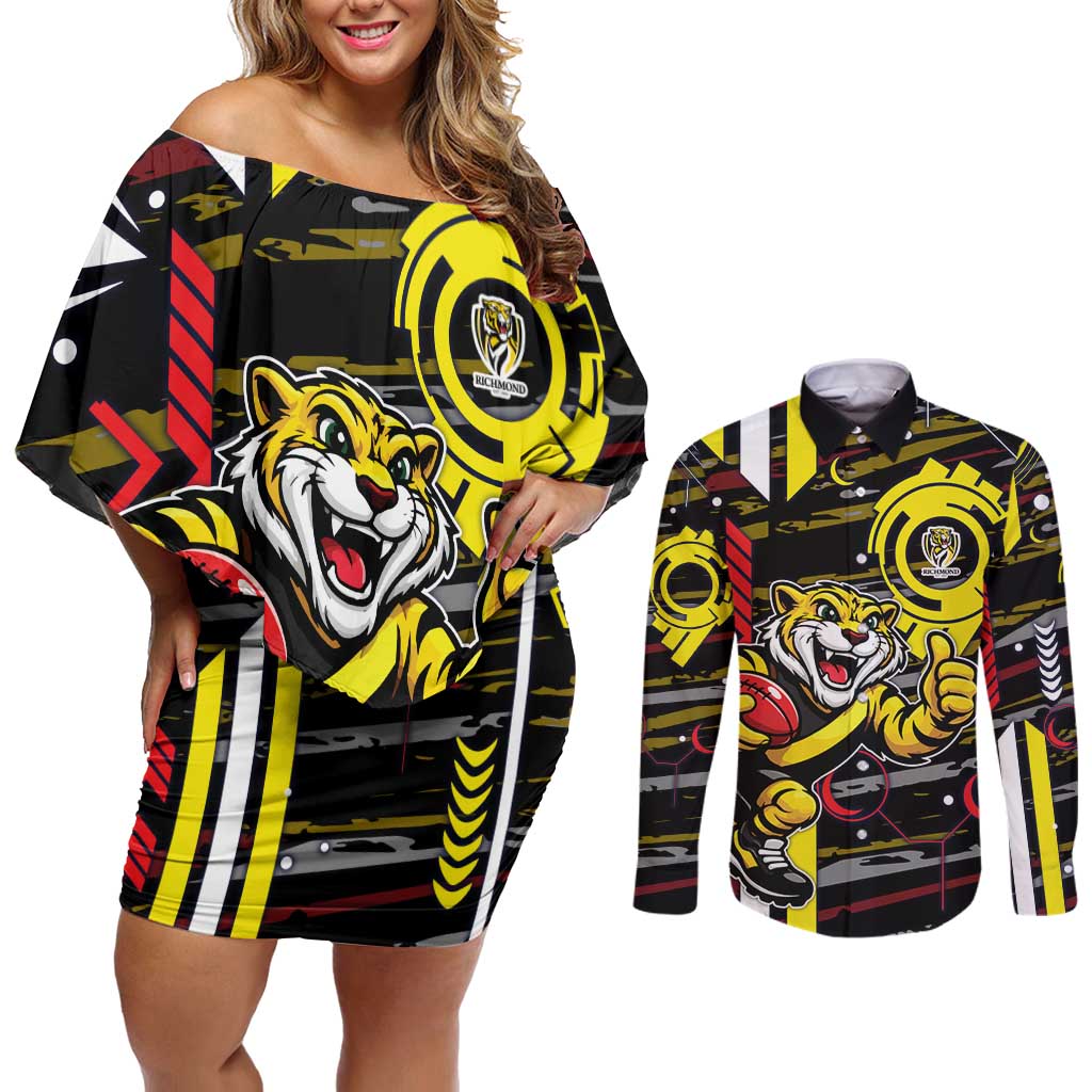 Richmond Tigers Couples Matching Off Shoulder Short Dress and Long Sleeve Button Shirt Mascot Cartoon Football Illustration Style