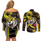 Richmond Tigers Couples Matching Off Shoulder Short Dress and Long Sleeve Button Shirt Mascot Cartoon Football Illustration Style