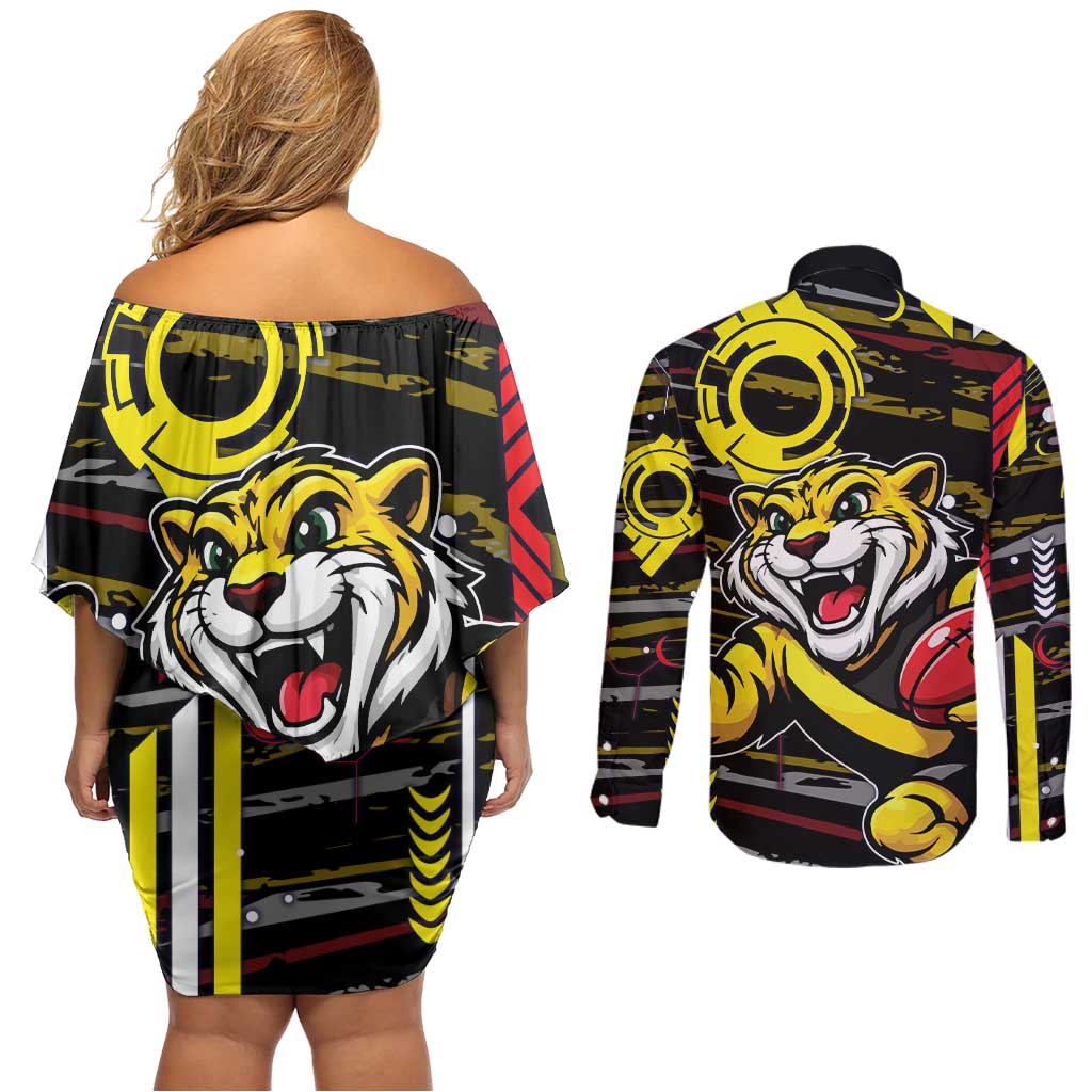 Richmond Tigers Couples Matching Off Shoulder Short Dress and Long Sleeve Button Shirt Mascot Cartoon Football Illustration Style