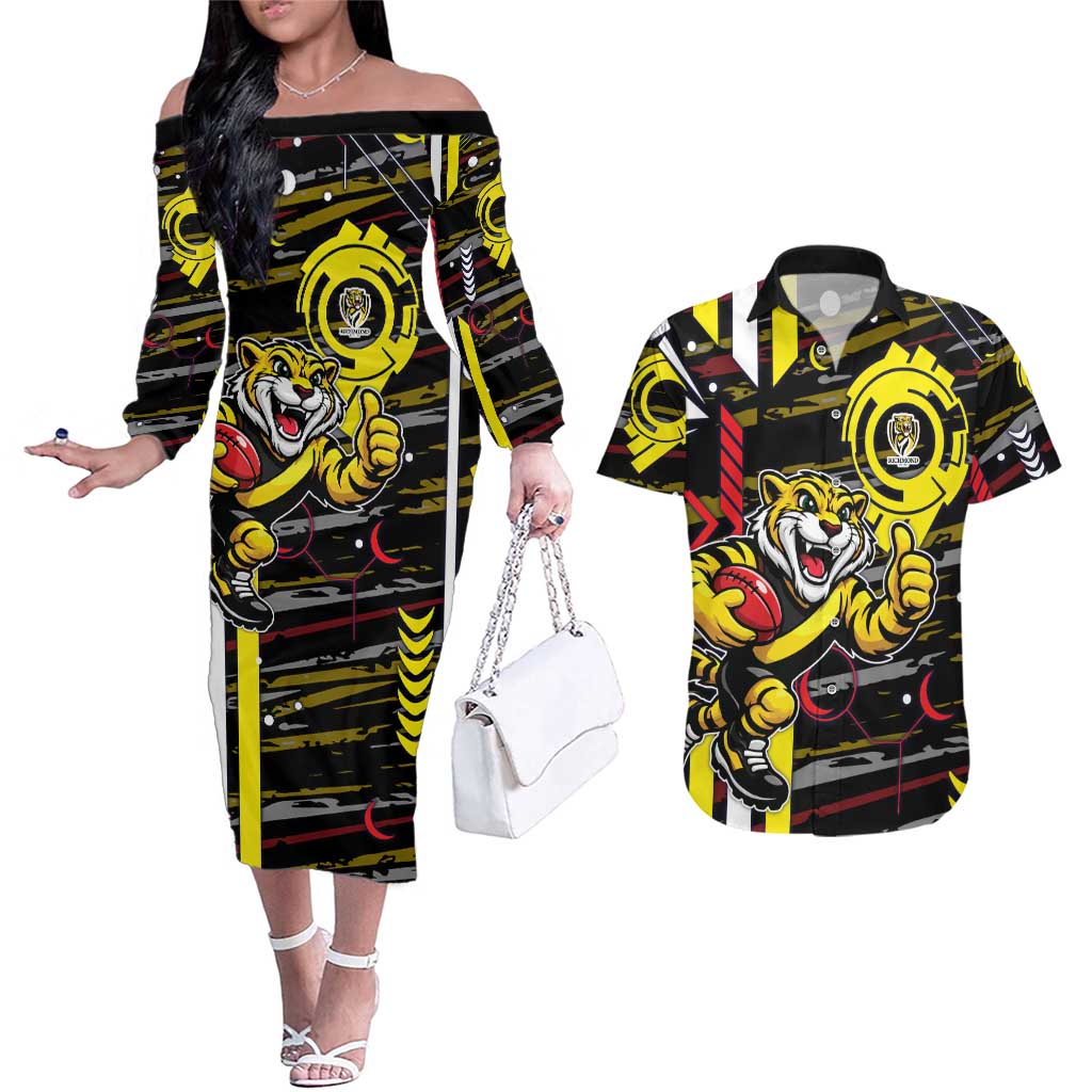 Richmond Tigers Couples Matching Off The Shoulder Long Sleeve Dress and Hawaiian Shirt Mascot Cartoon Football Illustration Style