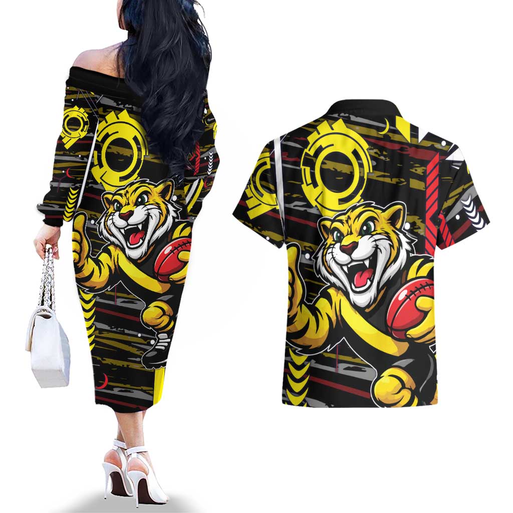 Richmond Tigers Couples Matching Off The Shoulder Long Sleeve Dress and Hawaiian Shirt Mascot Cartoon Football Illustration Style