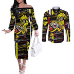 Richmond Tigers Couples Matching Off The Shoulder Long Sleeve Dress and Long Sleeve Button Shirt Mascot Cartoon Football Illustration Style