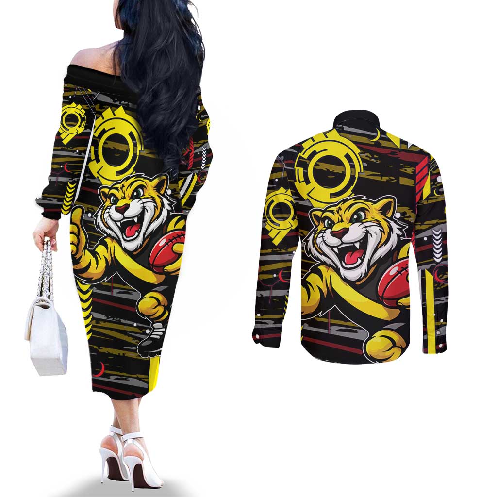 Richmond Tigers Couples Matching Off The Shoulder Long Sleeve Dress and Long Sleeve Button Shirt Mascot Cartoon Football Illustration Style