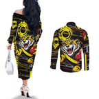 Richmond Tigers Couples Matching Off The Shoulder Long Sleeve Dress and Long Sleeve Button Shirt Mascot Cartoon Football Illustration Style