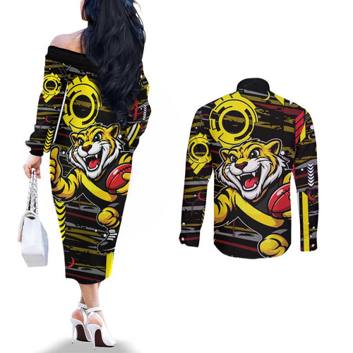 Richmond Tigers Couples Matching Off The Shoulder Long Sleeve Dress and Long Sleeve Button Shirt Mascot Cartoon Football Illustration Style