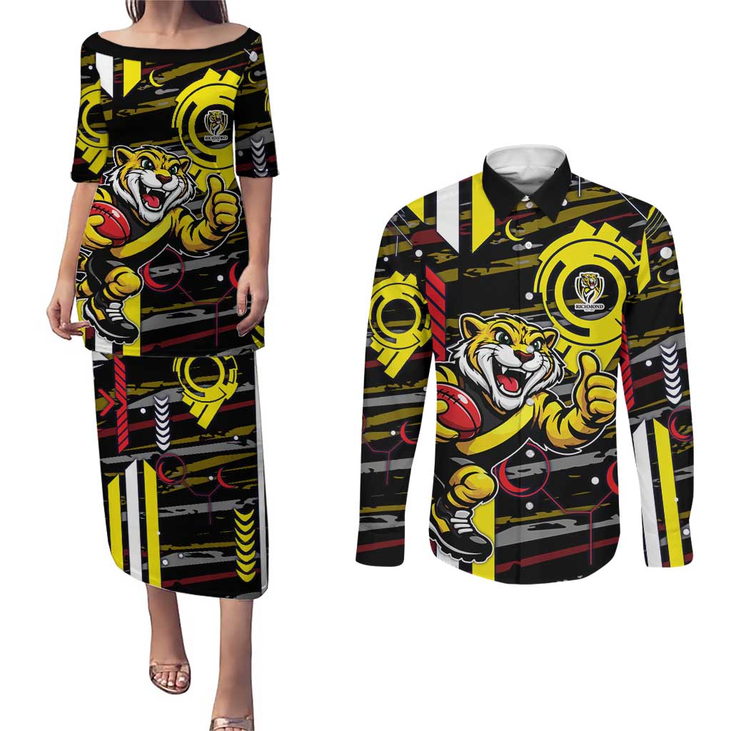 Richmond Tigers Couples Matching Puletasi and Long Sleeve Button Shirt Mascot Cartoon Football Illustration Style