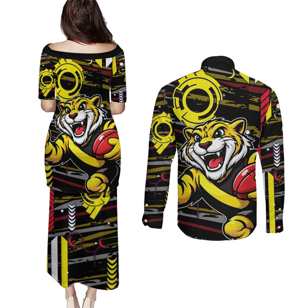 Richmond Tigers Couples Matching Puletasi and Long Sleeve Button Shirt Mascot Cartoon Football Illustration Style