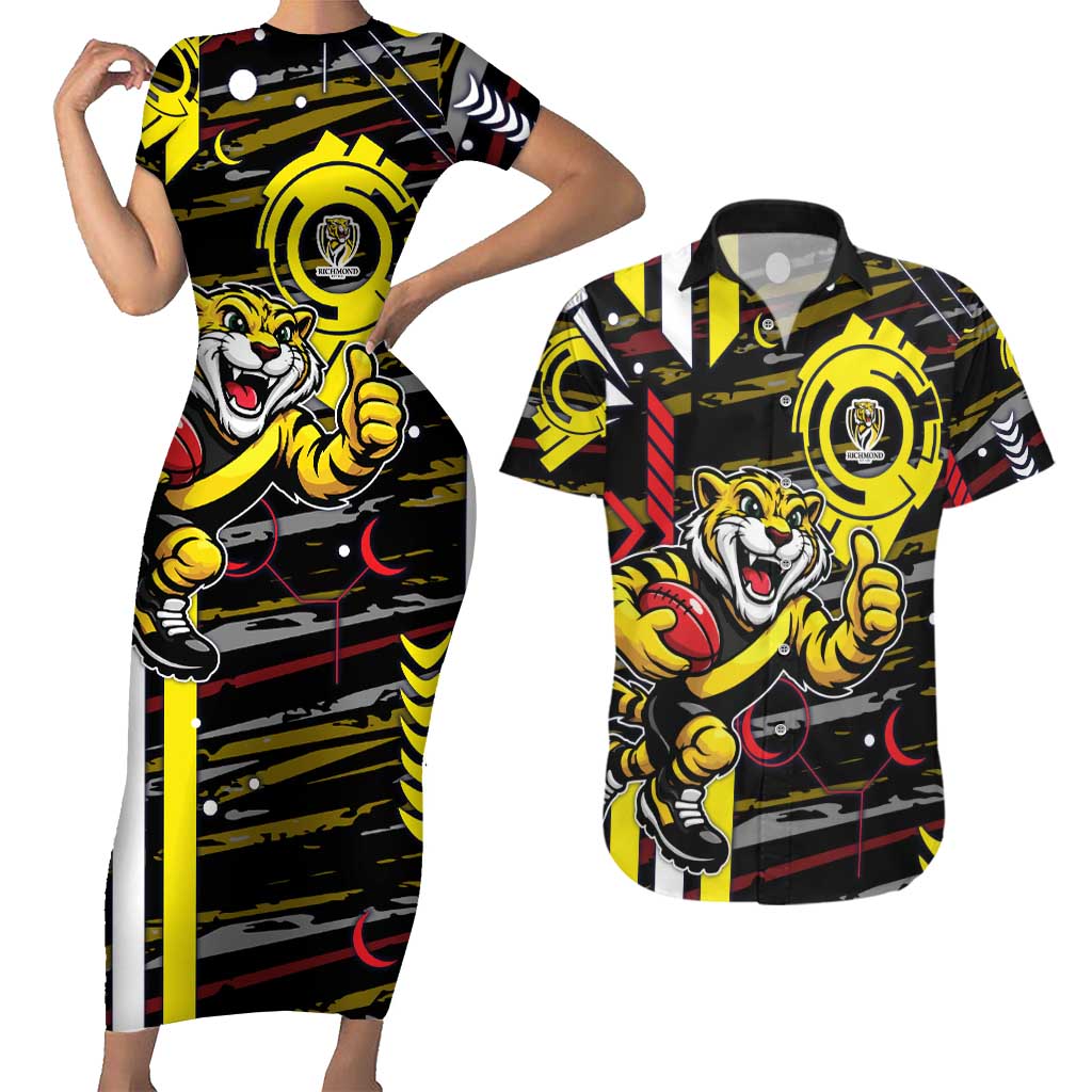Richmond Tigers Couples Matching Short Sleeve Bodycon Dress and Hawaiian Shirt Mascot Cartoon Football Illustration Style