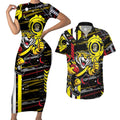 Richmond Tigers Couples Matching Short Sleeve Bodycon Dress and Hawaiian Shirt Mascot Cartoon Football Illustration Style