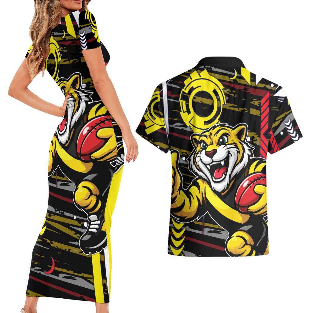 Richmond Tigers Couples Matching Short Sleeve Bodycon Dress and Hawaiian Shirt Mascot Cartoon Football Illustration Style
