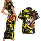 Richmond Tigers Couples Matching Short Sleeve Bodycon Dress and Hawaiian Shirt Mascot Cartoon Football Illustration Style