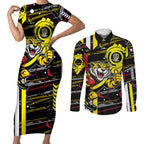Richmond Tigers Couples Matching Short Sleeve Bodycon Dress and Long Sleeve Button Shirt Mascot Cartoon Football Illustration Style