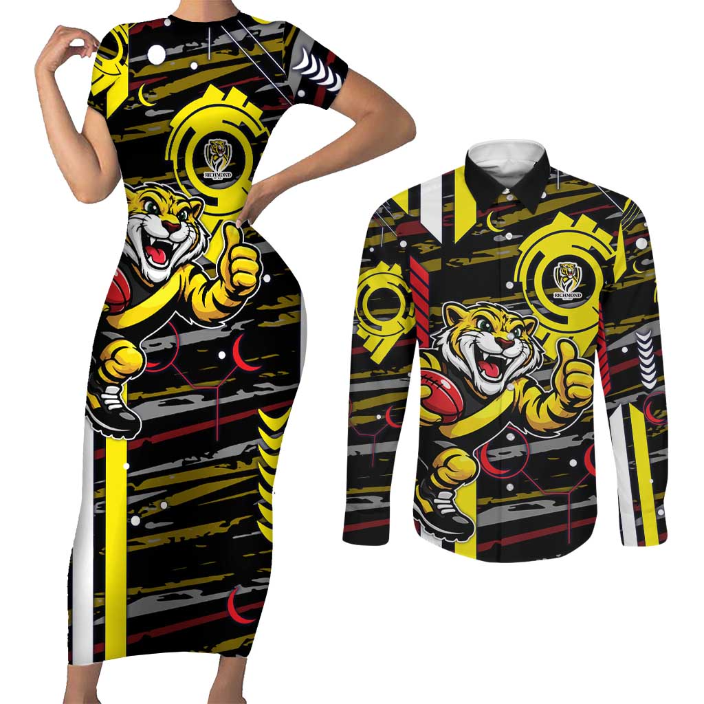 Richmond Tigers Couples Matching Short Sleeve Bodycon Dress and Long Sleeve Button Shirt Mascot Cartoon Football Illustration Style