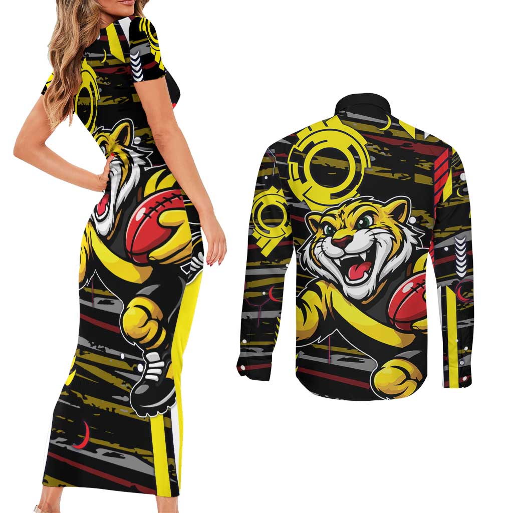 Richmond Tigers Couples Matching Short Sleeve Bodycon Dress and Long Sleeve Button Shirt Mascot Cartoon Football Illustration Style